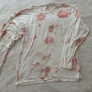 Free People White Long Sleeve Top with Dusty Rose Floral Print